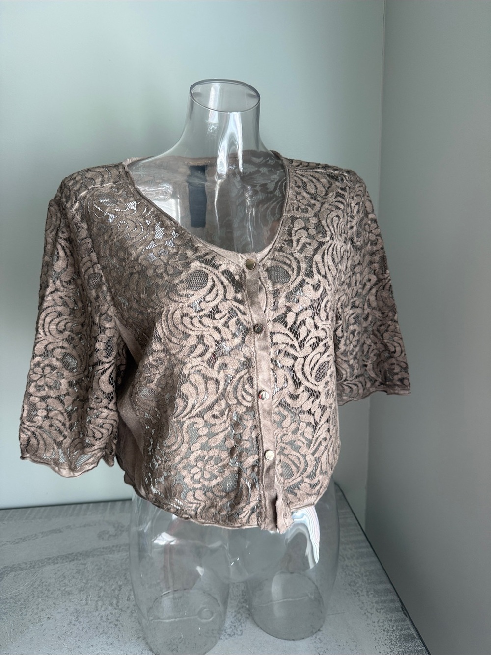 EUC Chicos Black Label Lace Button-Front Women’s Top in Taupe.